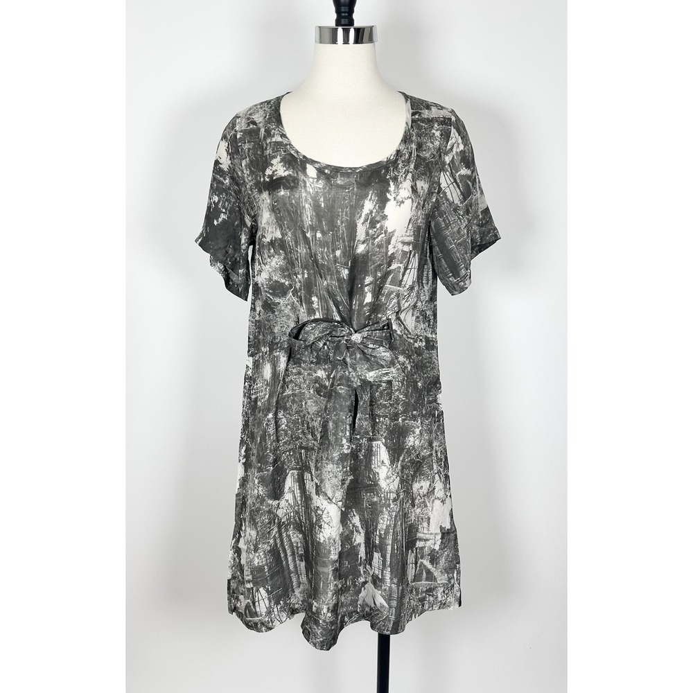 Christian Wijnants Silk Dress Women 38 Gray Abract Photo Collage Print Waist Tie